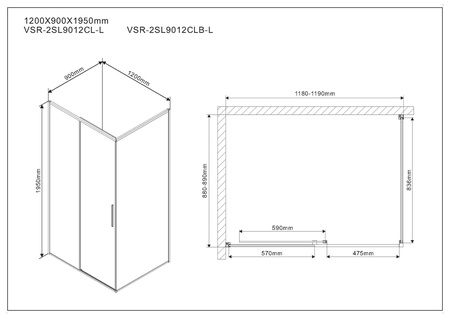 Душевой уголок Vincea  Slim VSR-2SL9012CLB-L (120х90)  матовый черный, стекло прозрачное, левый