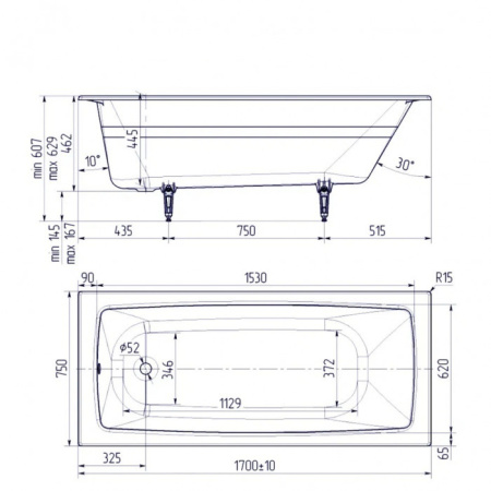 Ванна чугунная (170х75) Delice Biove DLR220509RB-AS с отверстиями под ручки