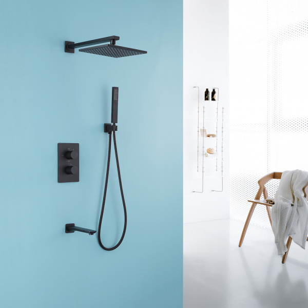 Душевой комплект ABBER Weiss Insel AF8050B скрытого монтажа с изливом, термостат, черная матовая