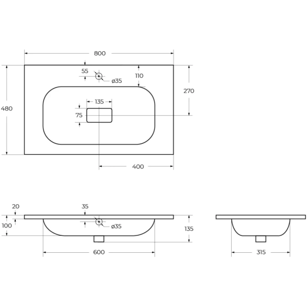 Раковина CEZARES CZR-800/480-LV-MR-NV