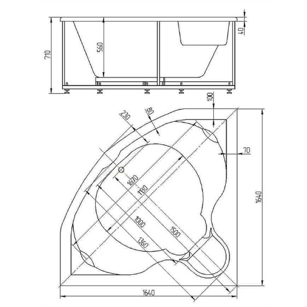 Акриловая ванна Aquatek Сириус (164х164) с гидромассажем Standard (пневмоуправление) SIR164-0000006