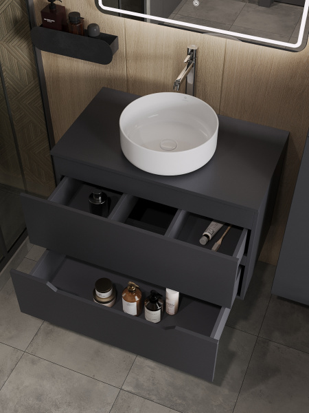 Тумба с раковиной подвесная 80 см, Orange Line Li-80TugMDF+B09-360W графит/белый