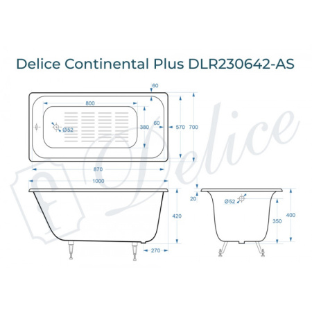 Ванна чугунная (100х70) Delice Continental PLUS DLR230642-AS с антискользящим покрытием