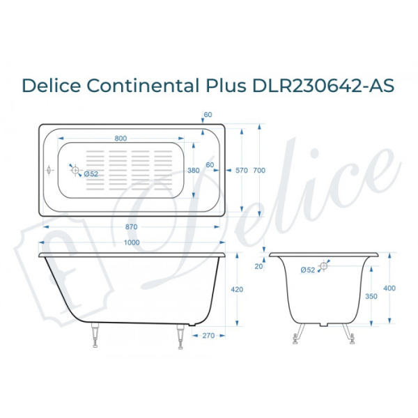 Ванна чугунная (100х70) Delice Continental PLUS DLR230642-AS с антискользящим покрытием Ванна чугунная (100х70) Delice Continental PLUS DLR230642-AS с антискользящим покрытием