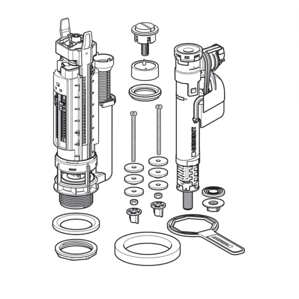 Смывной механизм для бачка унитаза Geberit тип 290-360, двойной смыв, подвод воды снизу, 3/8", ниппель из латуни: Глянцевый хром 283.311.21.2