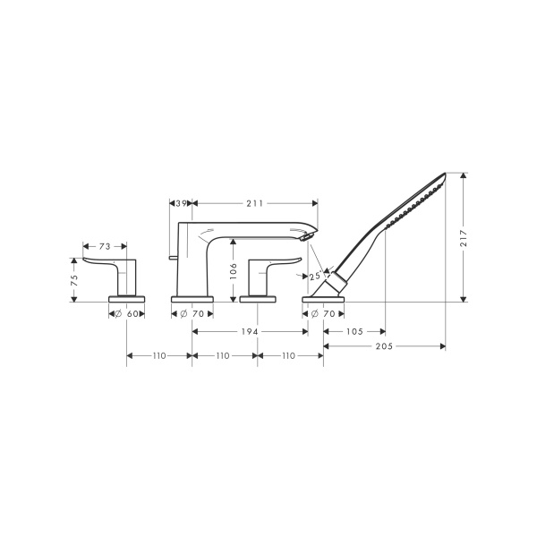 Смеситель на борт ванны на 4 отверстия Hansgrohe Metris 31442000 хром