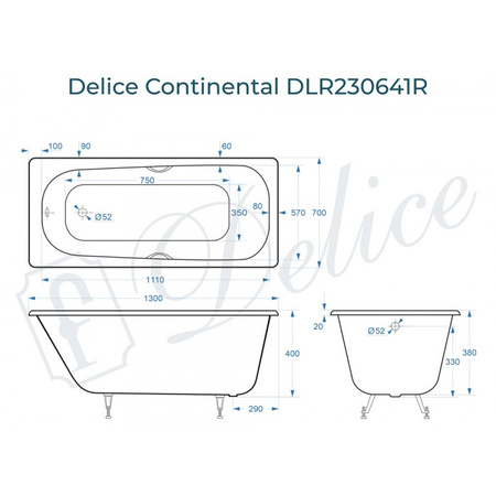 Ванна чугунная (130х70) Delice Continental DLR230641R с отверстиями под ручки