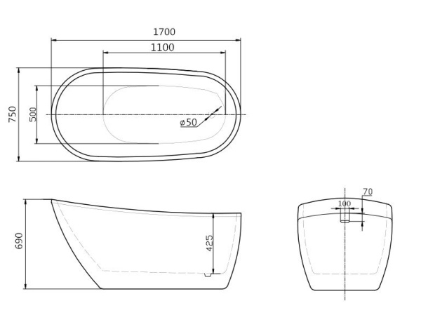 Акриловая ванна (170х75) Art&Max AM-205-1700-750