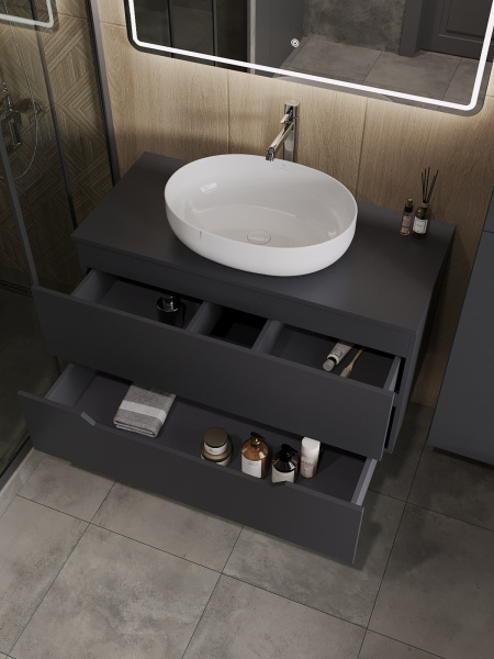 Тумба с раковиной подвесная 100 см, Orange Line Li-100TugMDF+B05-520W графит/белый