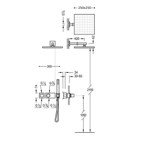 Душевой комплект Tres 20725211, скрытый термостат, глянец, хром
