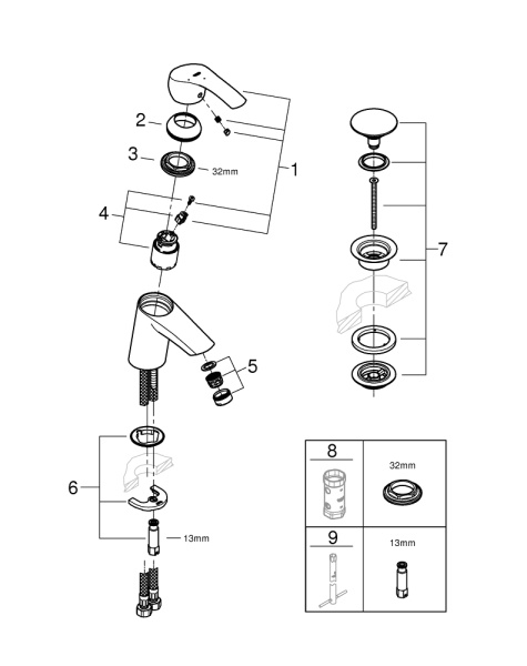 Смеситель для раковины с донным клапаном Grohe Eurosmart 23924 002 (23924002) хром 
