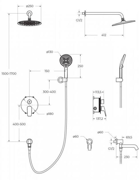 Душевой комплект с изливом BelBagno MARINO-VDSET-CRM Душевой комплект с изливом BelBagno MARINO-VDSET-CRM