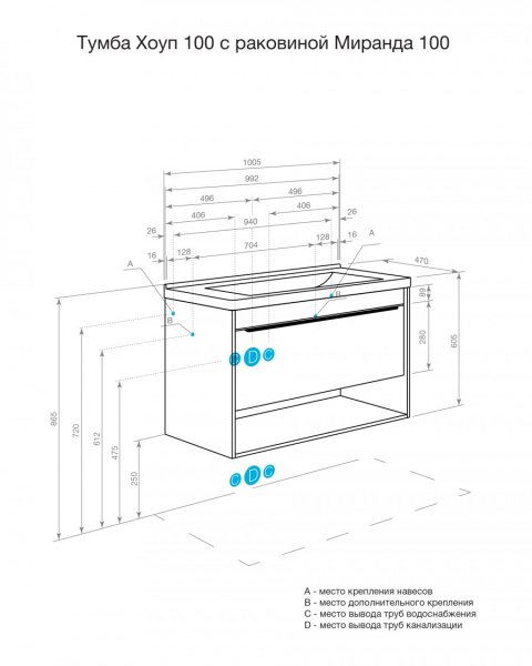 Тумба с раковиной Aquaton Хоуп 100 1A2874K0HP2B0 белый матовый