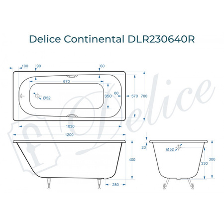 Ванна чугунная (120х70) Delice Continental DLR230640R с отверстиями под ручки