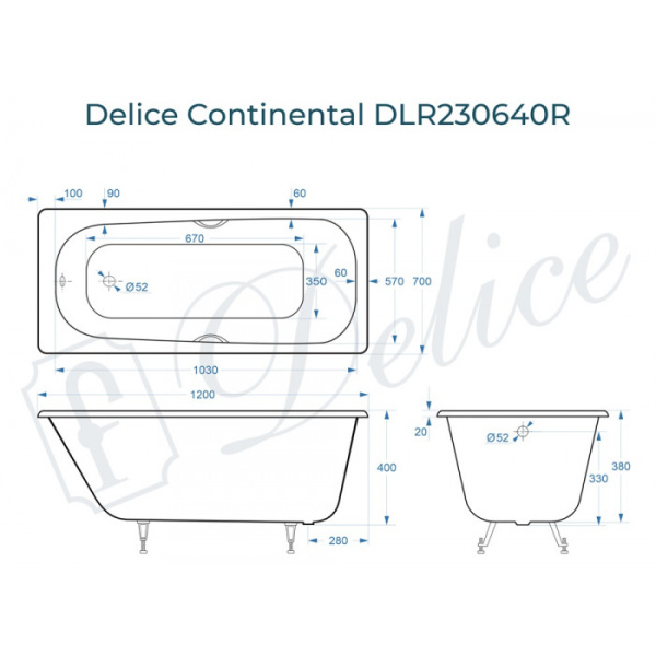 Ванна чугунная (120х70) Delice Continental DLR230640R с отверстиями под ручки Ванна чугунная (120х70) Delice Continental DLR230640R с отверстиями под ручки