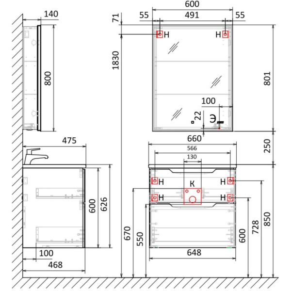 Тумба под раковину Jorno Slide 65 Sli.01.65/P/A