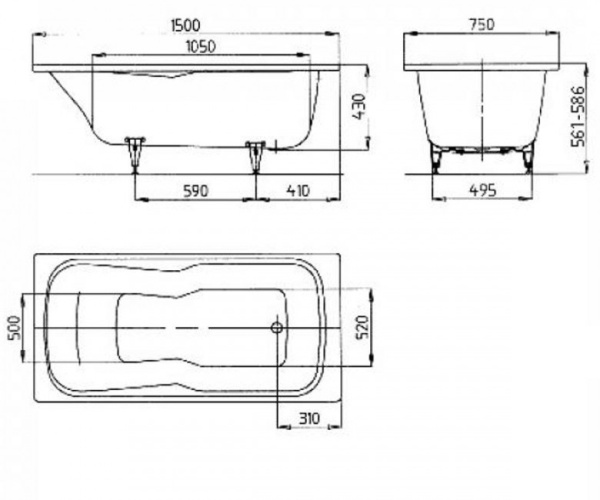 Прямоугольная стальная ванна (150х75) KALDEWEI DYNA SET 226600010001