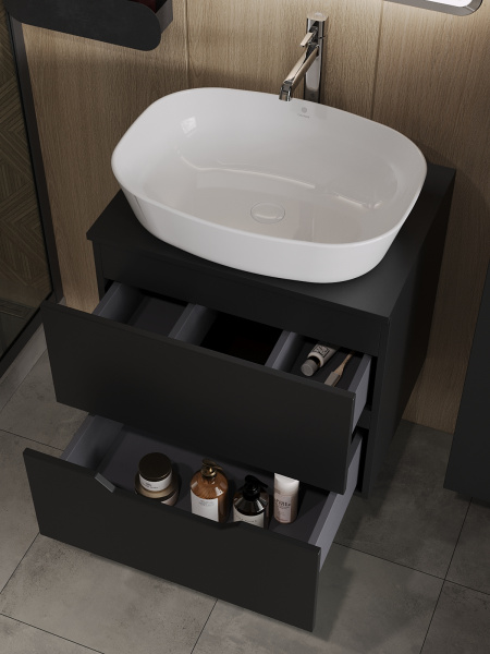 Тумба с раковиной подвесная 60 см, Orange Line Li-60TubMDF+B08-500W черный/белый