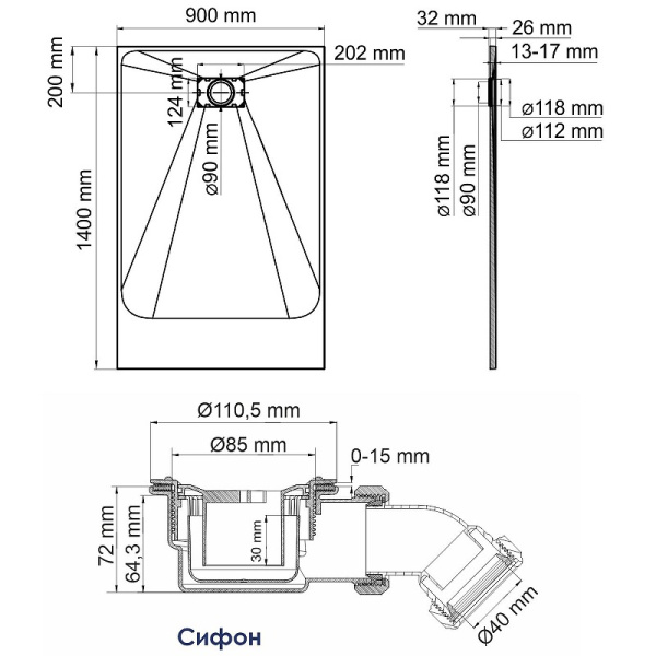 Душевой поддон WasserKRAFT Main 140x90 41T36