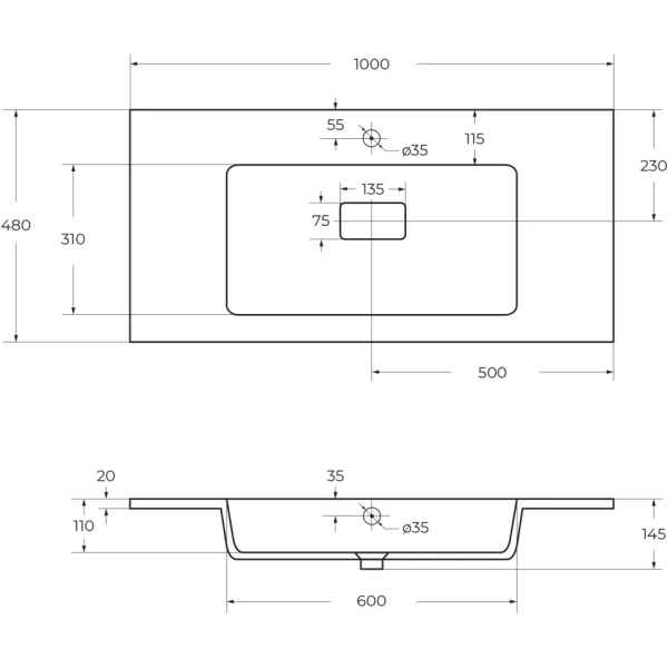 Раковина CEZARES CZR-1000/480-LV-MR-PRS
