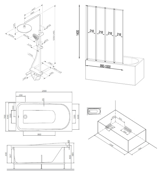 Ванна акриловая W80ASET-150AC Am.Pm Like 150x70 с каркасом и шторкой на б/в W80BS-100-140CT  Like F0780700