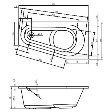 Акриловая ванна RIHO Delta (150x80) левая B067001005 без гидромассажа