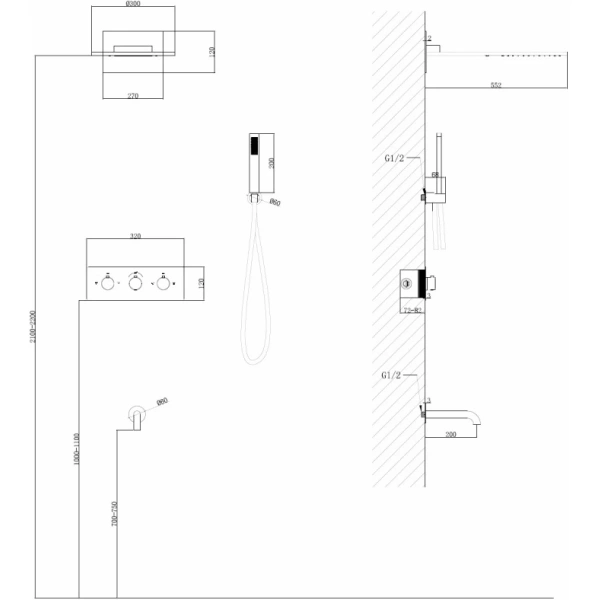 Душевой комплект ABBER Wasser Kreis AF8150NG скрытого монтажа с изливом, термостат, никель