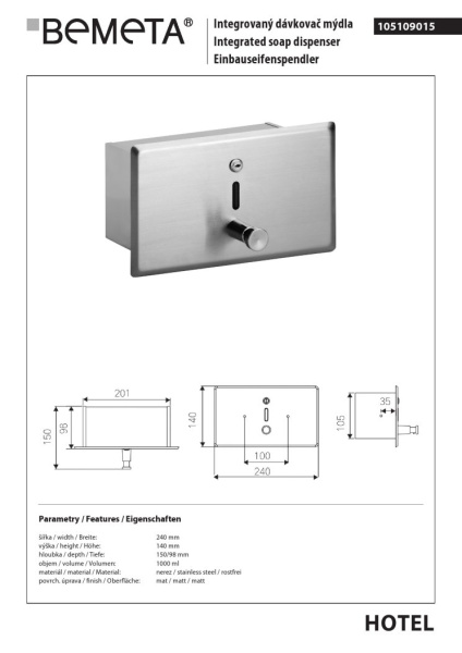 Встроенный дозатор жидкого мыла  Bemeta Hotel 105109015