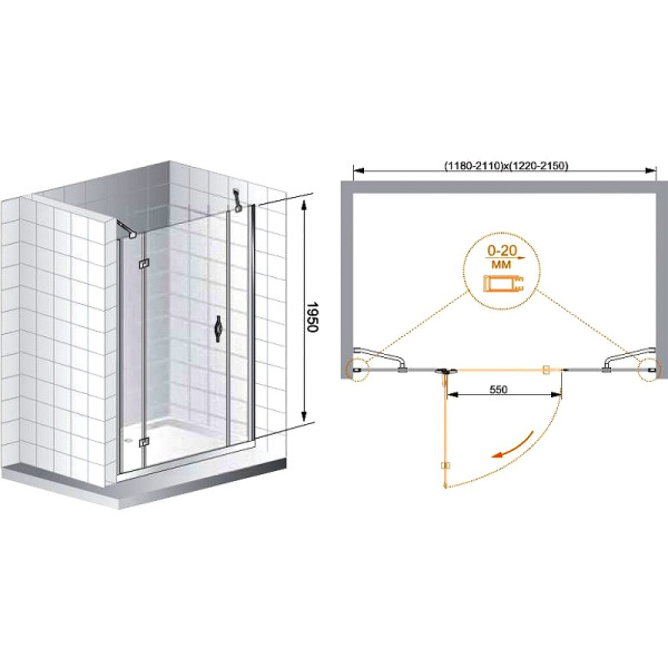 Душевая дверь (150х195) CEZARES BERGAMO BERGAMO-W-B-13-30+60/60-C-Cr-R
