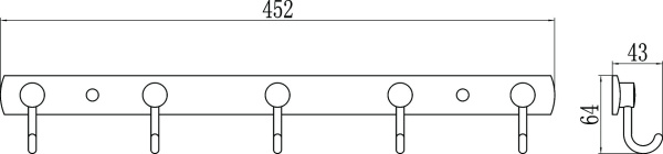 Планка с крючками 5 крючков Savol S-05205B