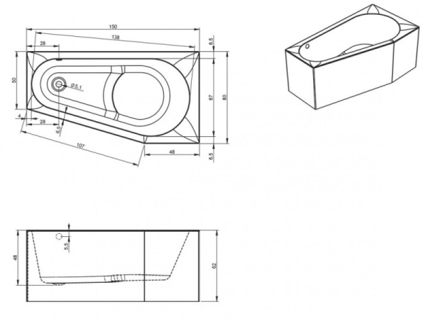 Ванна акриловая Riho Delta Plug & Play (150х80) L B067007005