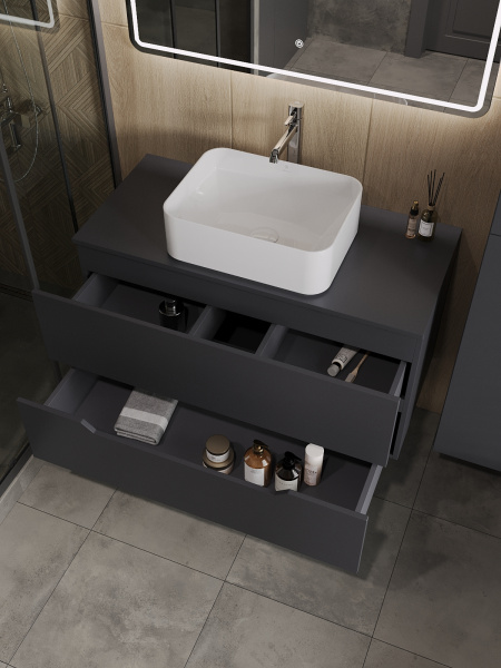 Тумба с раковиной подвесная 100 см, Orange Line Li-100TugMDF+B02-460W графит/белый