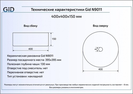 Раковина накладная (40х40) Gid N9011