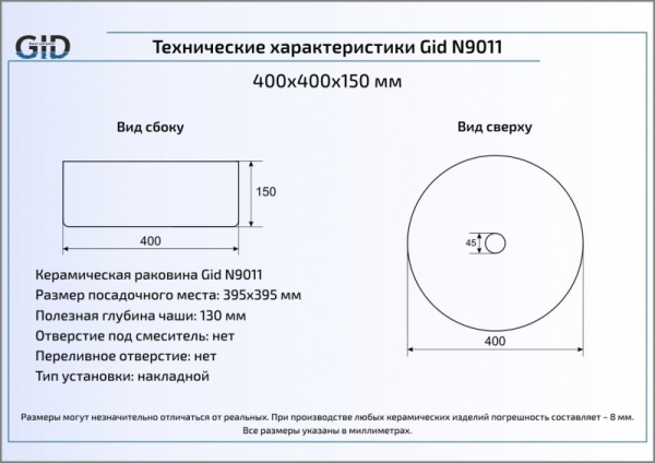 Раковина накладная (40х40) Gid N9011