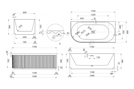 Акриловая ванна (170х80) ABBER AB9412-1.7 R без гидромассажа, белый