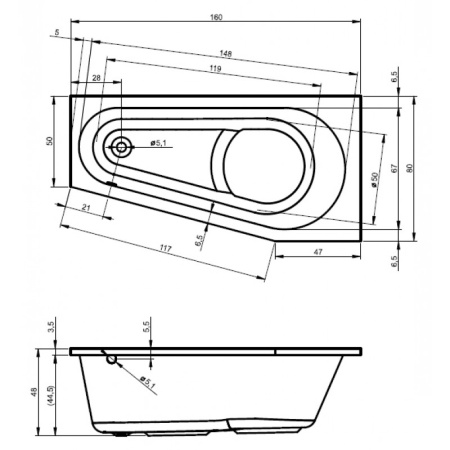 Акриловая ванна RIHO Delta (160x80) левая B069001005 без гидромассажа