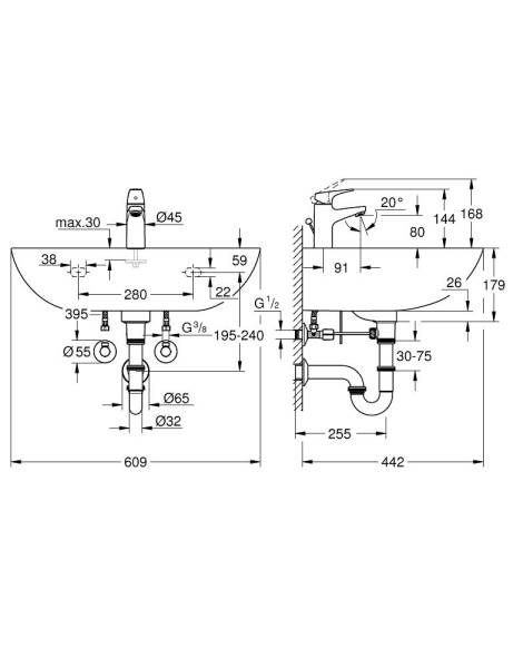 Раковина подвесная в комплекте со смесителем Grohe Bau Ceramic + Start Flow 39472 000 (39472000)