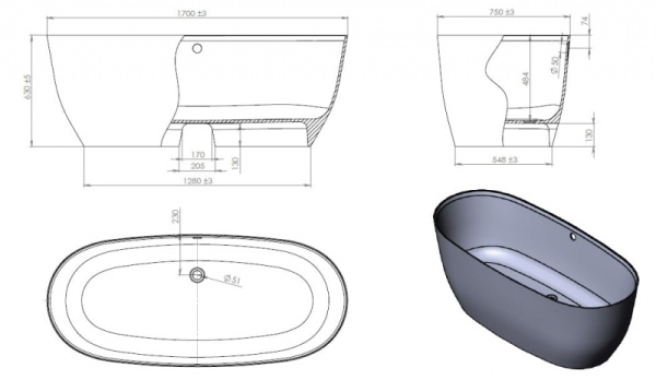 Ванна из искусственного камня Astra-Form Атрия RAL (170х75) 01020011