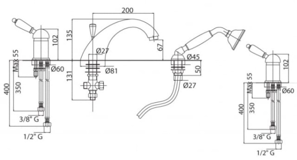 Смеситель на борт ванной Cezares ELITE ELITE-BVDM-03-M золото