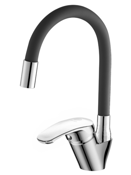 Смеситель для кухни однорычажный полимерный с гибким изливомOneLife P11-007cr  хром/черный