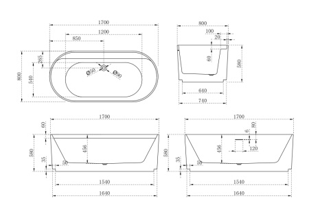 Акриловая ванна (170х80) ABBER AB9444MW без гидромассажа, белый