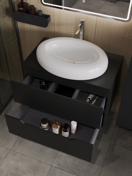 Тумба с раковиной подвесная 80 см, Orange Line Li-80TubMDF+B08-640W черный/белый