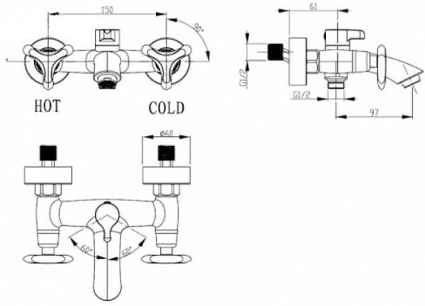 Смеситель для ванны с душем KAISER Trio (57022-2)