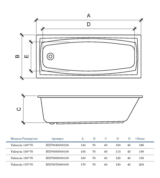 Акриловая ванна прямоугольная (170х70) Alba Spa VALENCIA ВПР0070000100