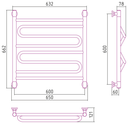 Полотенцесушитель Водяной Сунержа Элегия + (60х60) Матовый Черный 31-0205-6060