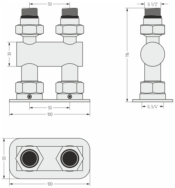 Модуль Сунержа прямой EU50 (2 х НР G 1/2" / 2 х НГ G 3/4") 00-1537-1234
