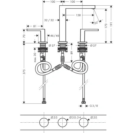 Смеситель для раковины на 3 отверстия с донным клапаном Push-Open Hansgrohe Tecturis E 73030000 хром
