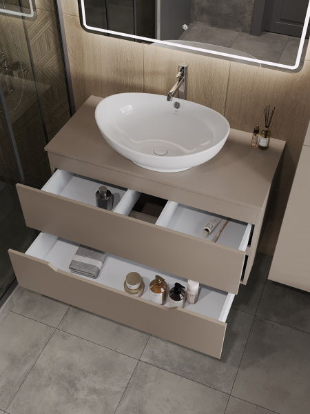 Тумба с раковиной подвесная 100 см, Orange Line Li-100TuLMDF+B08-585W латте/белый