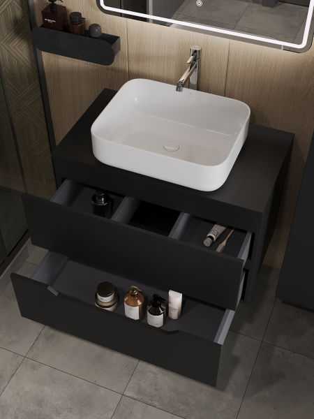 Тумба с раковиной подвесная 80 см, Orange Line Li-80TubMDF+B05-500W черный/белый