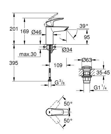 Смеситель для раковины с донным клапаном Grohe Eurosmart 239222 433 (239222433) черный матовый 